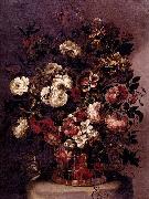 CORTE, Gabriel de la. Still-Life of Flowers in a Woven Basket oil on canvas